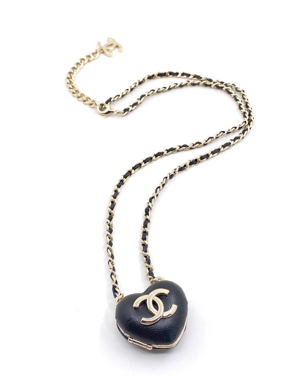 CHANEL Black Leather Heart Locket Necklace with Gold Chain and CC mirror